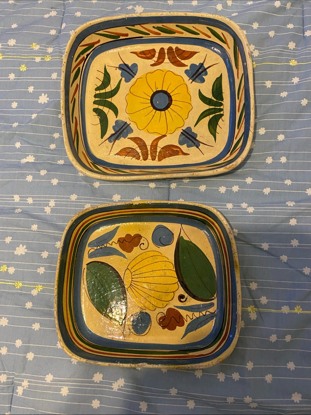 Vintage Mexican Hand-Painted Ceramic Square Bowls with Yellow Floral Motif